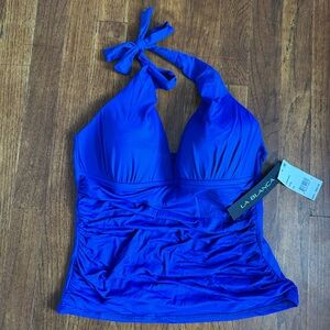 La Blanca Tie Back Halter Tankini w/molded cups. Beautiful Blue.